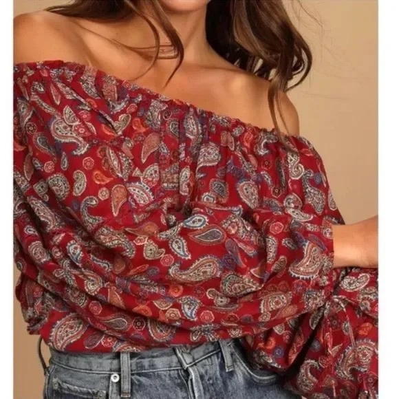 Free People Sundown Rust Red Paisley Print Off-the-Shoulder Bodysuit - Picture 4 of 10